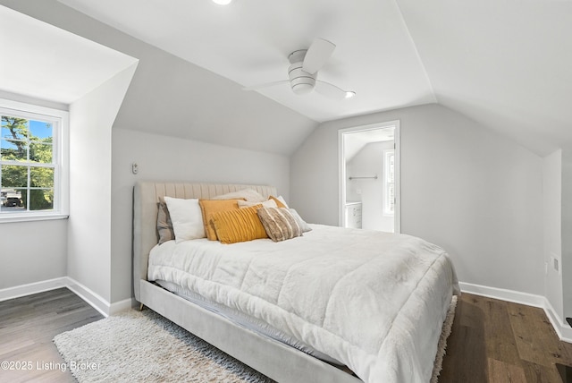 1724 Trevilian Way, Louisville, KY 40205 - bedroom featuring wood finished floors, lofted ceiling, a ceiling fan, and connected bathroom