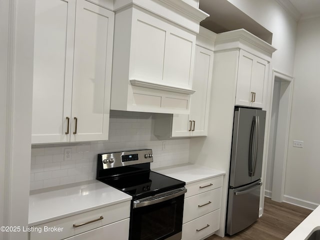 6355 Meeting St Unit 101, 201, Prospect, KY 40059 - kitchen with stainless steel appliances, tasteful backsplash, white cabinets, light countertops, and ornamental molding