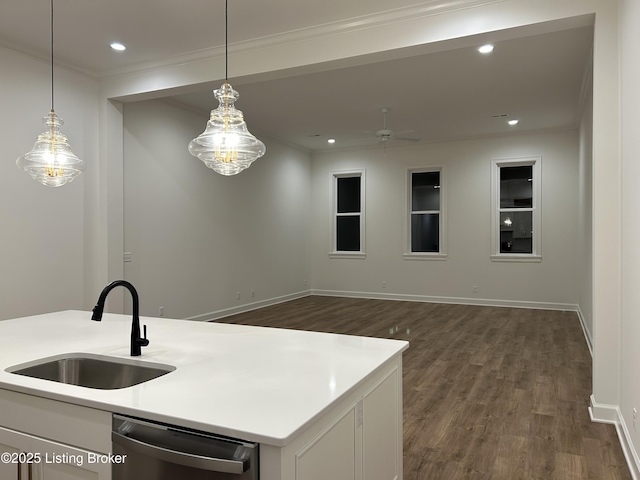 6355 Meeting St Unit 101, 201, Prospect, KY 40059 - kitchen with stainless steel dishwasher, dark wood-type flooring, white cabinetry, crown molding, and light countertops
