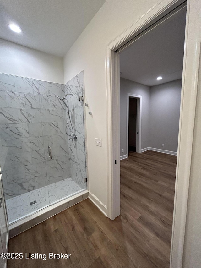 6355 Meeting St Unit 101, 201, Prospect, KY 40059 - full bath with a marble finish shower, wood finished floors, and recessed lighting