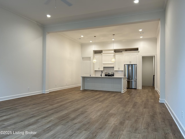6355 Meeting St Unit 101, 201, Prospect, KY 40059 - unfurnished living room with dark wood-style flooring, a ceiling fan, crown molding, and recessed lighting