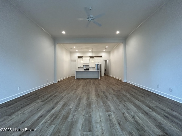 6355 Meeting St Unit 101, 201, Prospect, KY 40059 - unfurnished living room featuring a ceiling fan, dark wood-style floors, recessed lighting, and ornamental molding