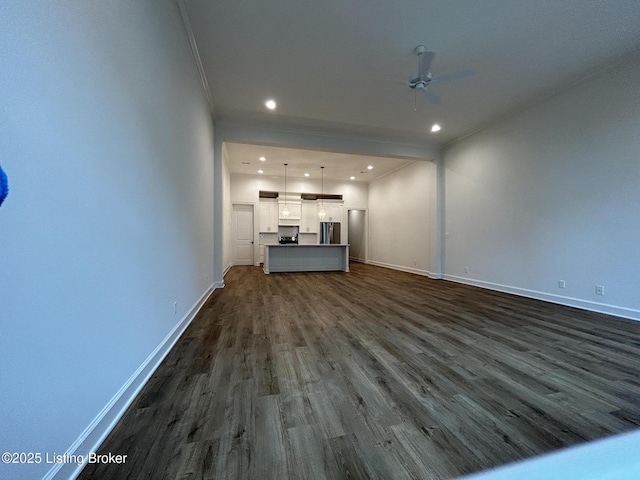 6355 Meeting St Unit 101, 201, Prospect, KY 40059 - unfurnished living room with ceiling fan, dark wood-type flooring, recessed lighting, and ornamental molding