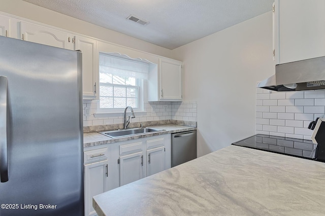 6604 Burlwood Dr, Louisville, KY 40229 - kitchen with appliances with stainless steel finishes, decorative backsplash, white cabinetry, light countertops, and a textured ceiling