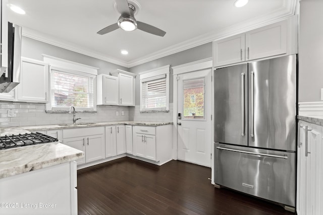 217 Shawnee Dr, Louisville, KY 40212 - kitchen featuring high end refrigerator, ceiling fan, white cabinetry, dark wood-style floors, and ornamental molding