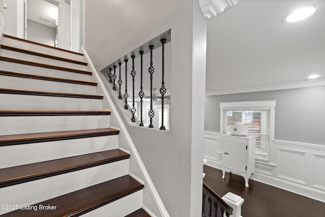 217 Shawnee Dr, Louisville, KY 40212 - staircase with a wainscoted wall, ornamental molding, wood finished floors, a decorative wall, and recessed lighting