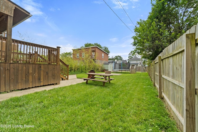 217 Shawnee Dr, Louisville, KY 40212 - fenced backyard featuring a trampoline, stairway, a wooden deck, and an outdoor structure