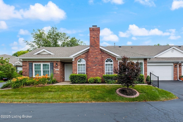13702 Beowulf Ct, Louisville, KY 40299 - view of front facade with brick siding, a chimney, driveway, a garage, and a front yard