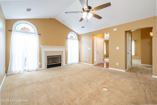 13702 Beowulf Ct, Louisville, KY 40299 - unfurnished living room featuring a ceiling fan, carpet, a premium fireplace, and lofted ceiling