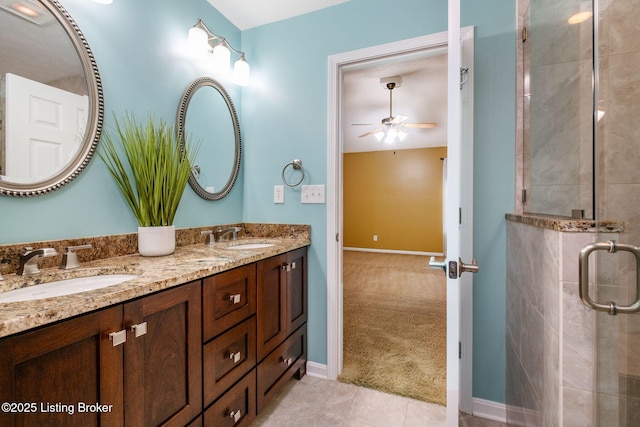 13702 Beowulf Ct, Louisville, KY 40299 - full bath with a ceiling fan, double vanity, a shower stall, and tile patterned flooring