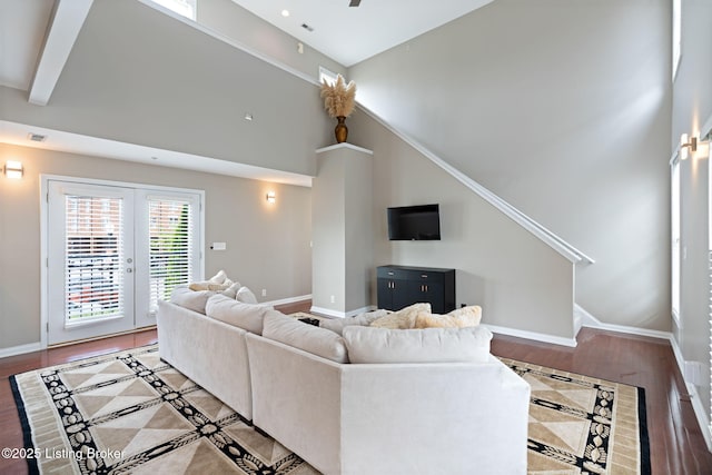 10600 Norton Commons Walk, Prospect, KY 40059 - living room featuring stairs, lofted ceiling, wood finished floors, and french doors