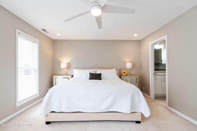 10600 Norton Commons Walk, Prospect, KY 40059 - bedroom featuring light carpet, multiple windows, ensuite bath, ceiling fan, and recessed lighting