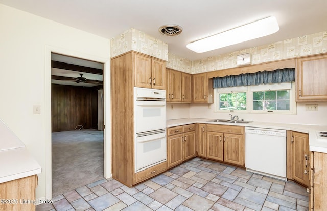 606 N Arbor Dr, Louisville, KY 40223 - kitchen with white appliances, light countertops, ceiling fan, and light carpet