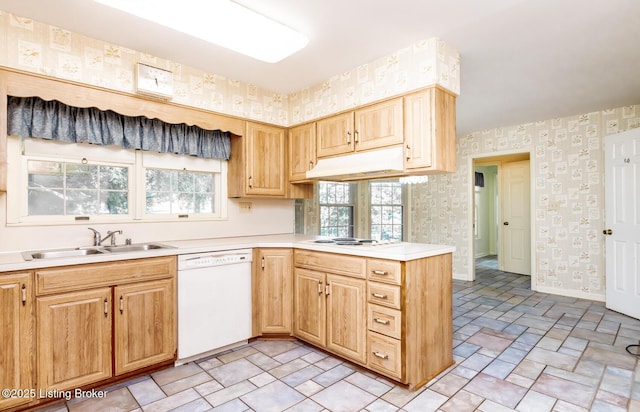 606 N Arbor Dr, Louisville, KY 40223 - kitchen featuring white dishwasher, wallpapered walls, under cabinet range hood, light countertops, and stone finish floors