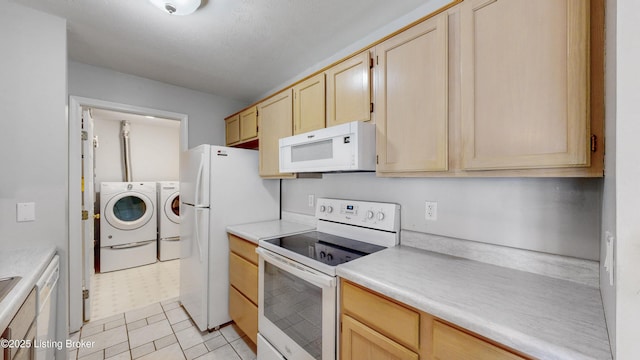 410 Ethridge Ave Unit 103, Louisville, KY 40223 - kitchen featuring white appliances, washing machine and dryer, light brown cabinetry, and light countertops
