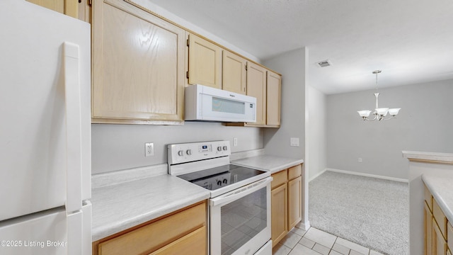 410 Ethridge Ave Unit 103, Louisville, KY 40223 - kitchen featuring white appliances, light brown cabinetry, light countertops, light colored carpet, and a chandelier