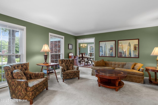 3012 Hayfield Dr, Louisville, KY 40205 - carpeted living room featuring a chandelier and crown molding