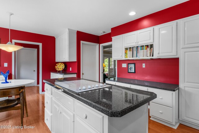 3012 Hayfield Dr, Louisville, KY 40205 - kitchen with white electric cooktop, light wood-type flooring, white cabinetry, open shelves, and recessed lighting