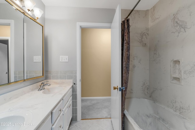 3012 Hayfield Dr, Louisville, KY 40205 - full bath featuring double vanity, shower / tub combo with curtain, and tile patterned flooring