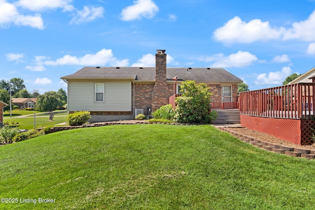 3941 Scenic Trl, Shepherdsville, KY 40165 - back of house featuring a deck, a yard, a chimney, and brick siding