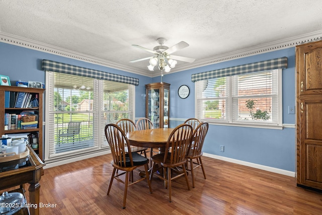 3941 Scenic Trl, Shepherdsville, KY 40165 - dining room featuring crown molding, plenty of natural light, a textured ceiling, wood finished floors, and a ceiling fan