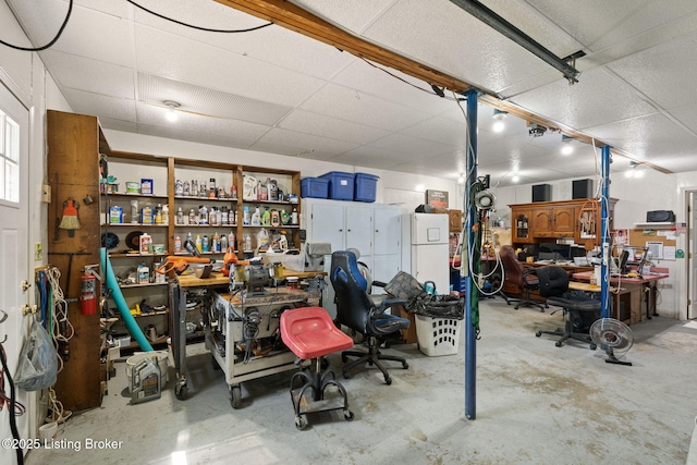 3941 Scenic Trl, Shepherdsville, KY 40165 - office space featuring unfinished concrete flooring, a paneled ceiling, a workshop area, and a garage
