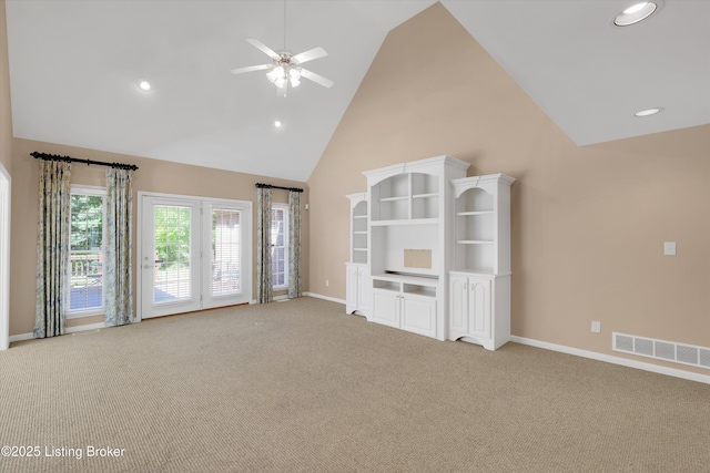 7728 Cottage Cove Way, Louisville, KY 40214 - unfurnished living room featuring ceiling fan, light carpet, high vaulted ceiling, and recessed lighting