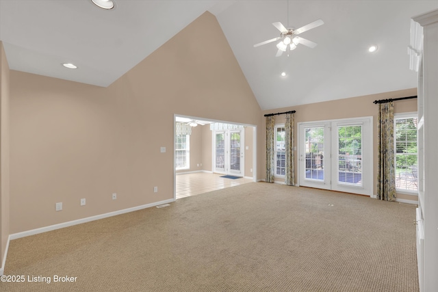 7728 Cottage Cove Way, Louisville, KY 40214 - unfurnished living room featuring a ceiling fan, high vaulted ceiling, carpet floors, and recessed lighting