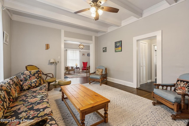 1246 Ormsby Ct, Louisville, KY 40203 - living room featuring wood finished floors, beamed ceiling, ceiling fan, and ornamental molding