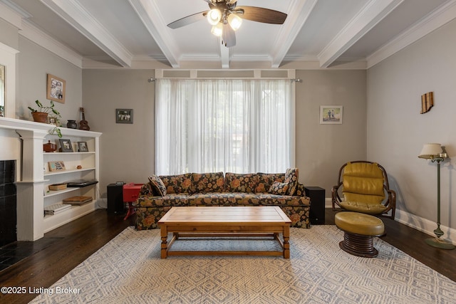 1246 Ormsby Ct, Louisville, KY 40203 - living area with wood finished floors, beamed ceiling, ceiling fan, ornamental molding, and a fireplace