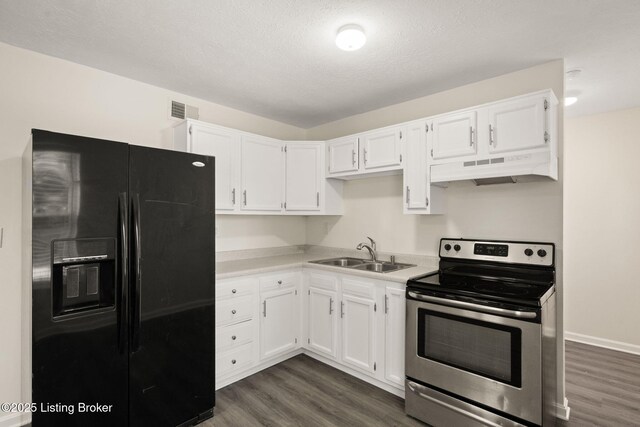 180 Summers Dr, Shepherdsville, KY 40229 - kitchen with black refrigerator with ice dispenser, stainless steel electric range oven, under cabinet range hood, and dark wood-style flooring