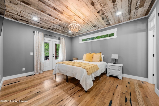422 Lilac Ln, Cub Run, KY 42729 - bedroom with wooden ceiling, french doors, light wood-style floors, a chandelier, and access to exterior