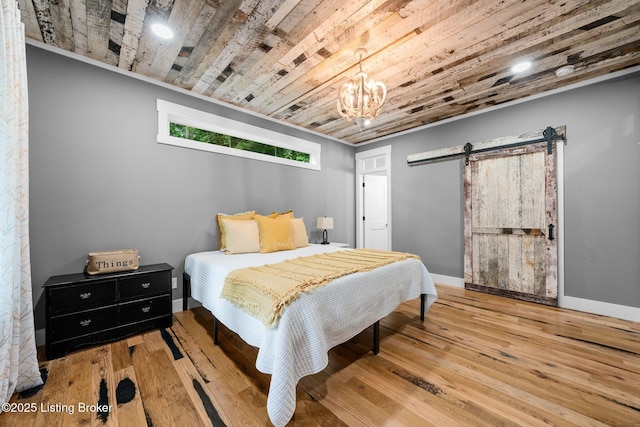 422 Lilac Ln, Cub Run, KY 42729 - bedroom with a barn door, wooden ceiling, a chandelier, and wood-type flooring