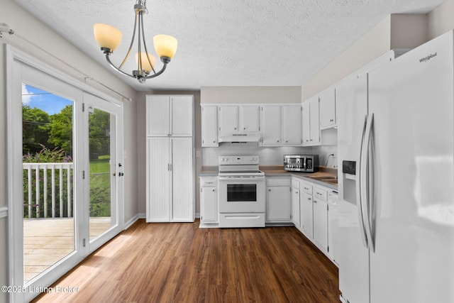 6818 Village Green Blvd, Pewee Valley, KY 40056 - kitchen featuring white appliances, under cabinet range hood, dark wood finished floors, a chandelier, and white cabinets
