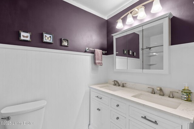 6818 Village Green Blvd, Pewee Valley, KY 40056 - bathroom with double vanity, wainscoting, ornamental molding, and a shower