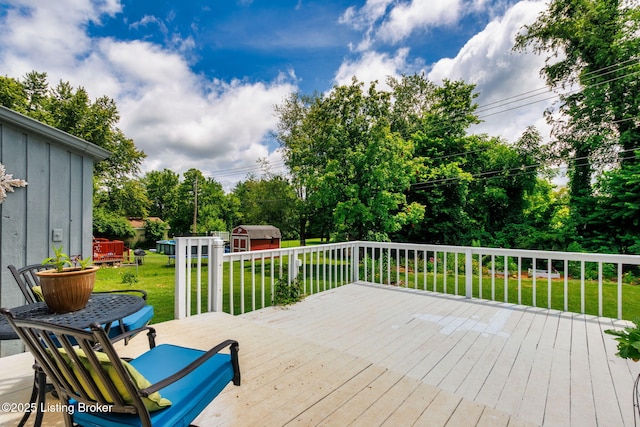 6818 Village Green Blvd, Pewee Valley, KY 40056 - wooden deck with a storage shed, a yard, and view of wooded area