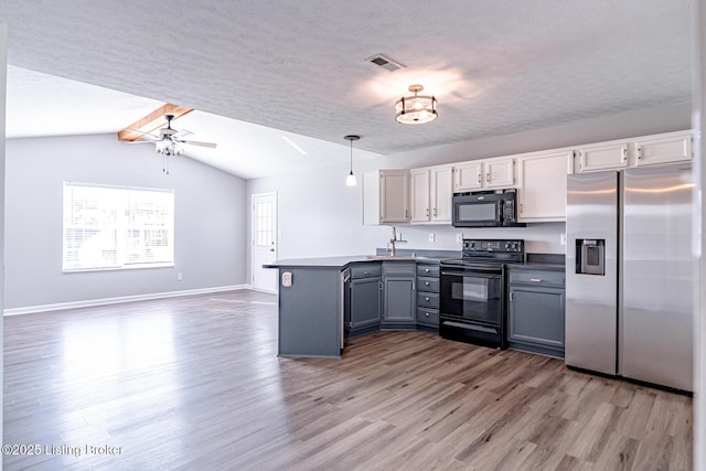 372 Wild Way, Louisville, KY 40229 - kitchen featuring black appliances, a peninsula, gray cabinetry, wood finished floors, and a textured ceiling
