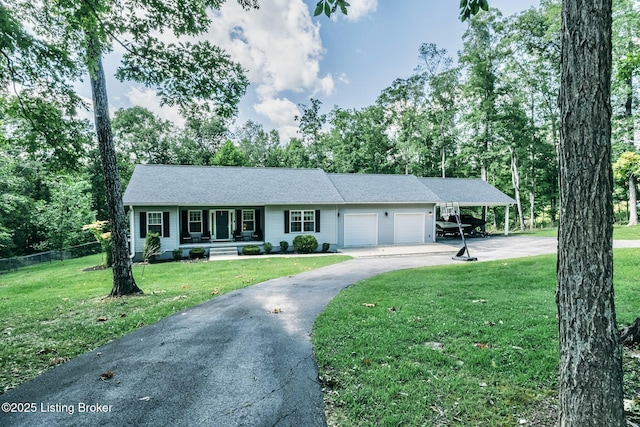 164 Greenshores Circle Ln, Mcdaniels, KY 40152 - single story home with a garage, asphalt driveway, a porch, and view of scattered trees