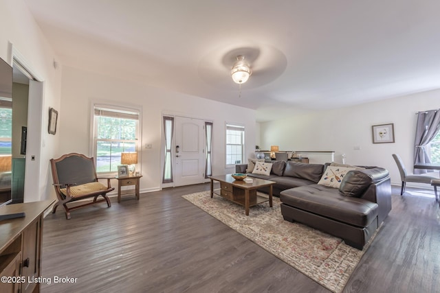 164 Greenshores Circle Ln, Mcdaniels, KY 40152 - living area featuring plenty of natural light, dark wood-style floors, and ceiling fan