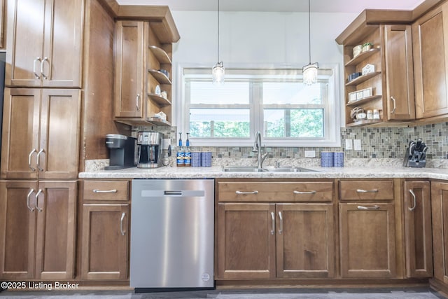 164 Greenshores Circle Ln, Mcdaniels, KY 40152 - kitchen featuring dishwasher, open shelves, decorative backsplash, and pendant lighting