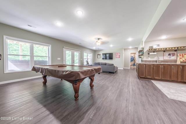 164 Greenshores Circle Ln, Mcdaniels, KY 40152 - rec room with wood finished floors, pool table, recessed lighting, ceiling fan, and french doors