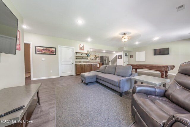 164 Greenshores Circle Ln, Mcdaniels, KY 40152 - living area featuring wet bar, dark wood-style flooring, billiards, and recessed lighting