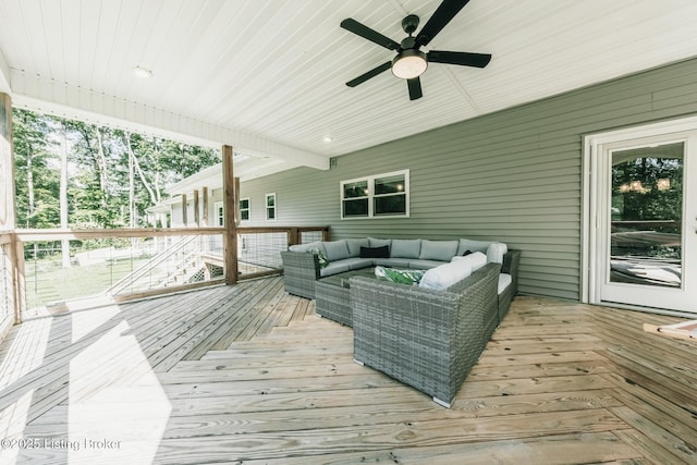164 Greenshores Circle Ln, Mcdaniels, KY 40152 - wooden terrace featuring outdoor lounge area and a ceiling fan