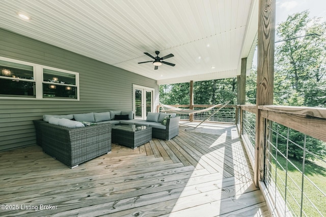 164 Greenshores Circle Ln, Mcdaniels, KY 40152 - wooden terrace featuring french doors, an outdoor living space, and ceiling fan
