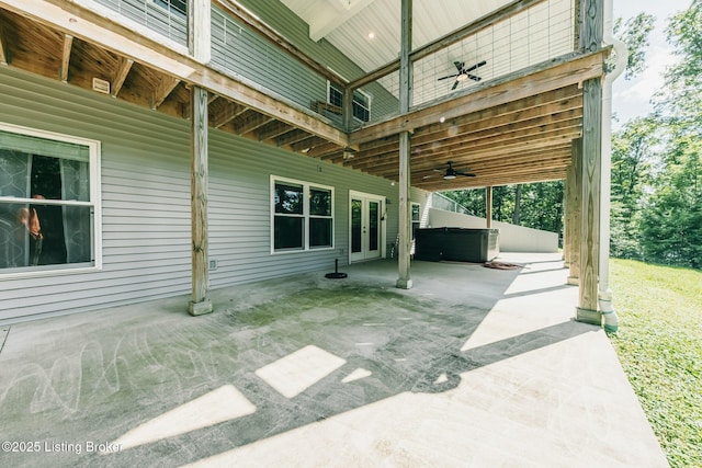 164 Greenshores Circle Ln, Mcdaniels, KY 40152 - view of patio / terrace featuring a hot tub, a ceiling fan, and french doors