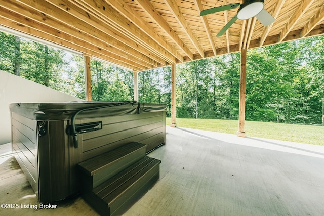 164 Greenshores Circle Ln, Mcdaniels, KY 40152 - view of patio / terrace with a hot tub, ceiling fan, and view of wooded area