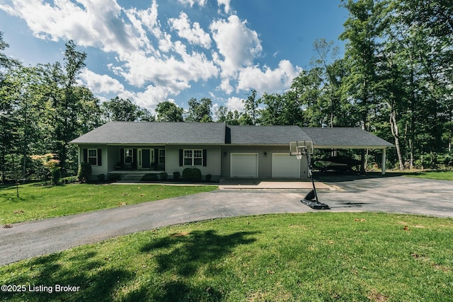 164 Greenshores Circle Ln, Mcdaniels, KY 40152 - ranch-style home with an attached garage, asphalt driveway, a front yard, and a carport