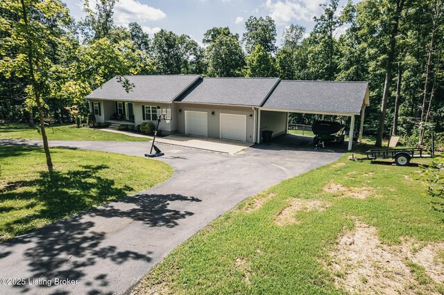 164 Greenshores Circle Ln, Mcdaniels, KY 40152 - single story home featuring a garage, asphalt driveway, a front yard, roof with shingles, and view of scattered trees