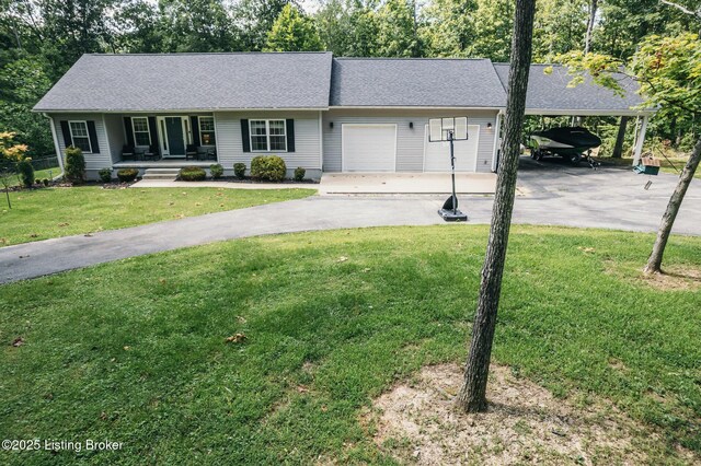 164 Greenshores Circle Ln, Mcdaniels, KY 40152 - ranch-style home featuring driveway, covered porch, a front lawn, an attached garage, and a shingled roof