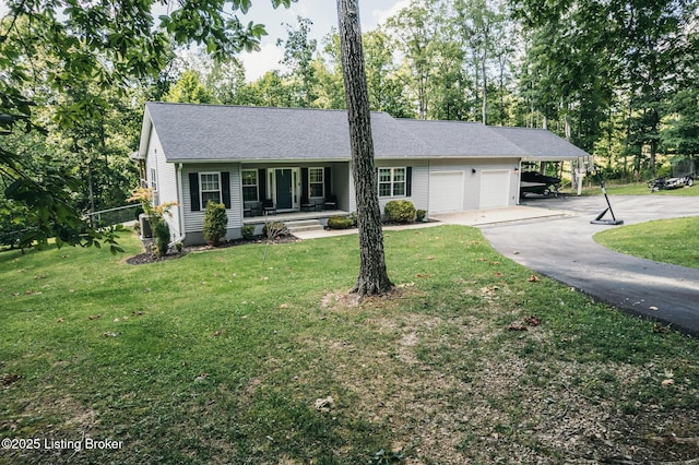 164 Greenshores Circle Ln, Mcdaniels, KY 40152 - single story home featuring a porch, a garage, driveway, a front lawn, and a shingled roof